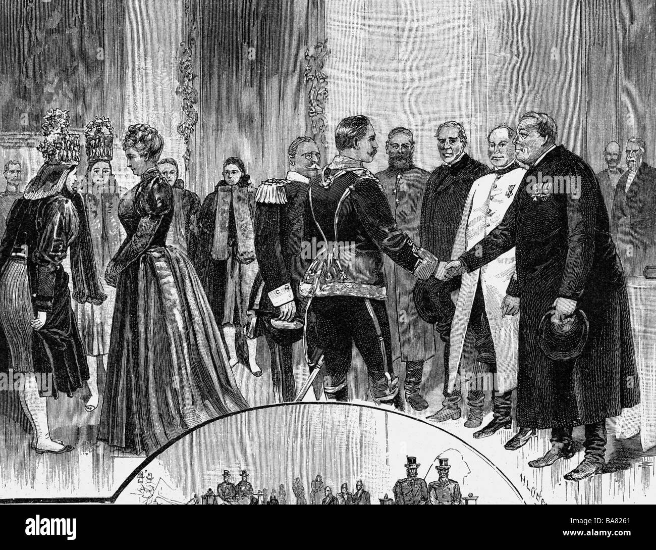 Guglielmo II, 27.1.1859 - 4.6.1941, imperatore tedesco 15.6.1888 - 9.11.1918, visita degli agricoltori di Altenburg, incisione del legno, circa 1895, Foto Stock