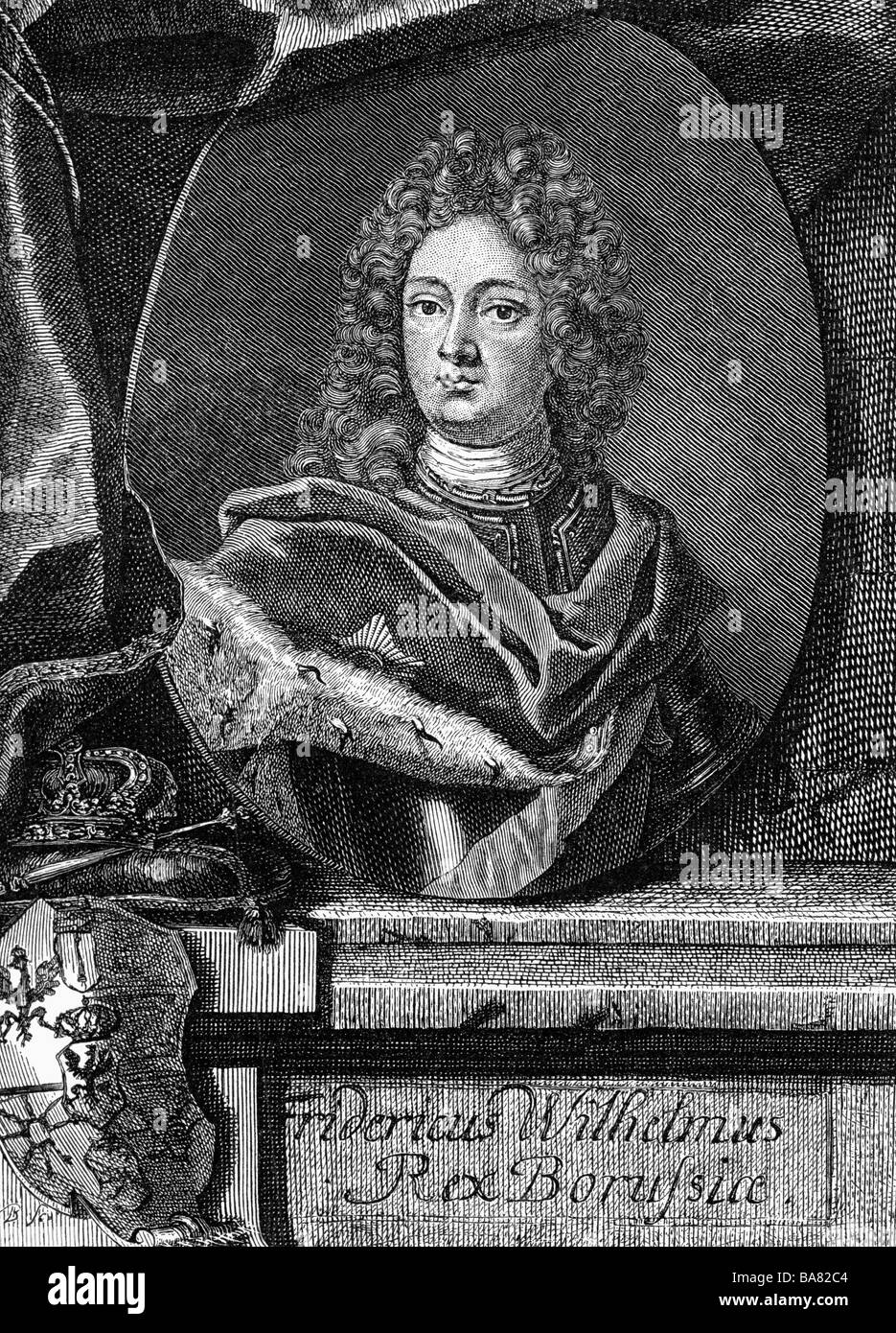 Federico Guglielmo I, 15.8.1688 - 31.5.1740, re di Prussia 25.2.1713 - 31.5.1740, ritratto, incisione su rame di Martin Bernigeroth, circa 1714, , artista del diritto d'autore non deve essere cancellata Foto Stock