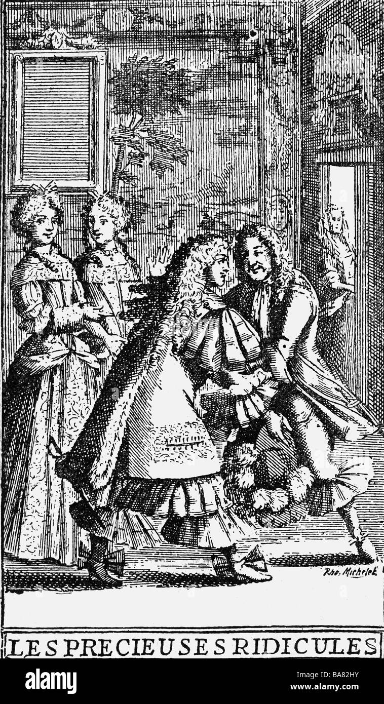 Moliere, 15.1.1622 - 17.2.1673, autore francese / scrittore, opere, "l'imparato Ladies', 1671, scena, incisione su rame, secolo XVII, artista del diritto d'autore non deve essere cancellata Foto Stock