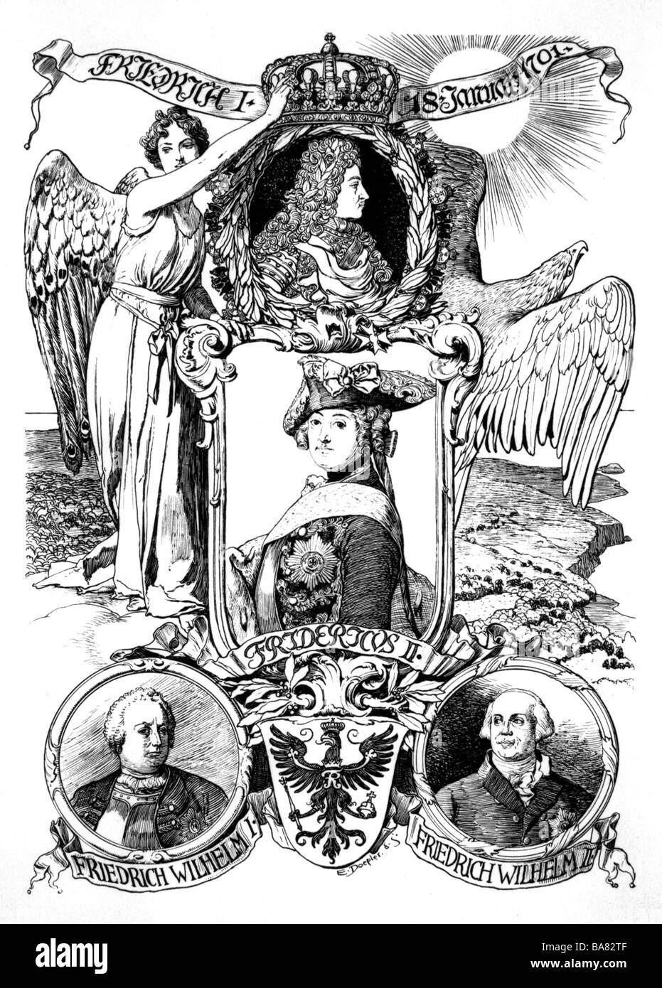 Georografia / viaggio, Germania, politica, proclamazione della Prussia al Regno, 18.1.1701, foglio commemorativo, 1901, Elettore Federico III di Brandneburg (Re Federico i), Kng Federico II, Re Federico Guglielmo i, Re Federico Guglielmo II, Hohenzollern, Germania imperiale, Europa, aquila, corona, angelo, allegoria, art nouveau, 20th secolo, storico, storico, 1900s, popolo, Foto Stock