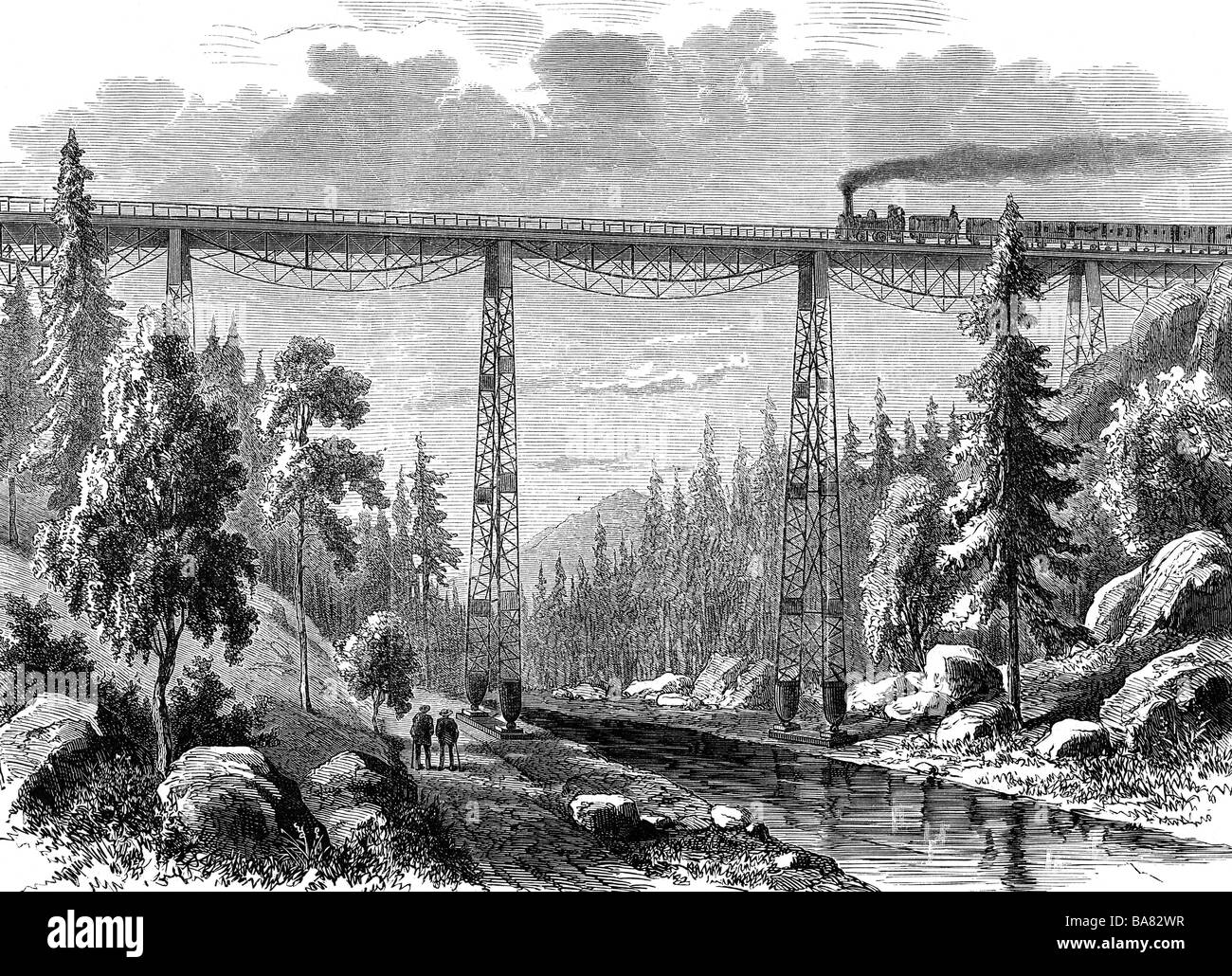 Trasporti / trasporto ferroviario, percorsi, Norvegia, Charlottenberg - Christiana, Lysedalen viadotto, incisione su legno, circa 1880, Foto Stock