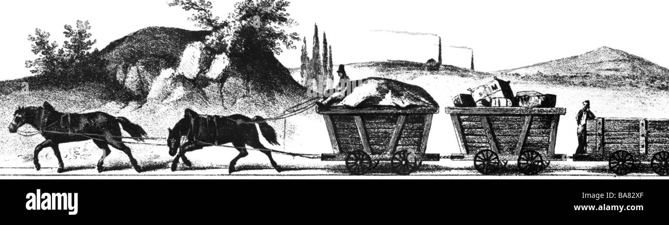 Trasporto / trasporto, ferrovia, tram a cavallo, treno merci, litografia, Inghilterra, circa 1830, Foto Stock