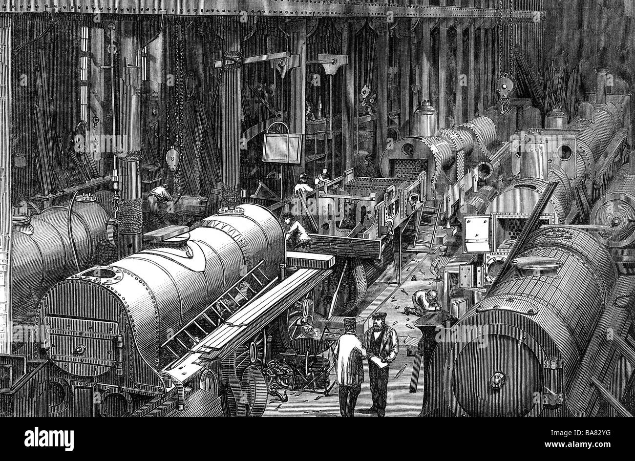 Industria, costruzione di locomotive, fabbrica di Locomotive Stephenson, Newcastle-on-Tyne, vista interna, officina, incisione del legno, 1864, Foto Stock
