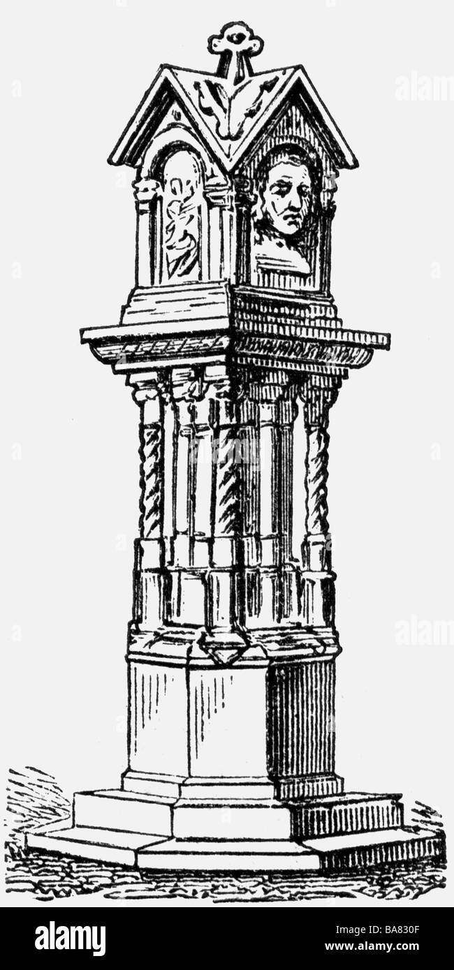 Bach, Johann Sebastian, 21.3.1685 - 28.7.1750, compositore tedesco, monumento di Hermann Knaur, Leipzig, 1843, incisione in legno, 19th secolo, , Foto Stock