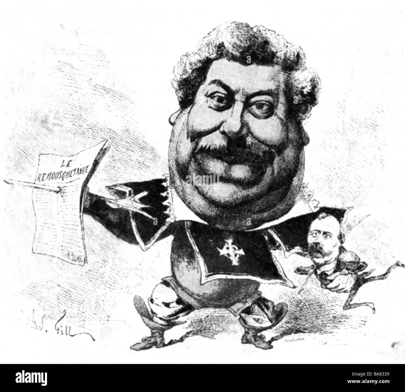 Dumas, Alexandre il Vecchio, 24.7.1802 - 5.12.1870, autore/scrittore francese, caricatura, 'il Musketeer Dumas', disegno di Andre Gilles, circa 1850, , Foto Stock