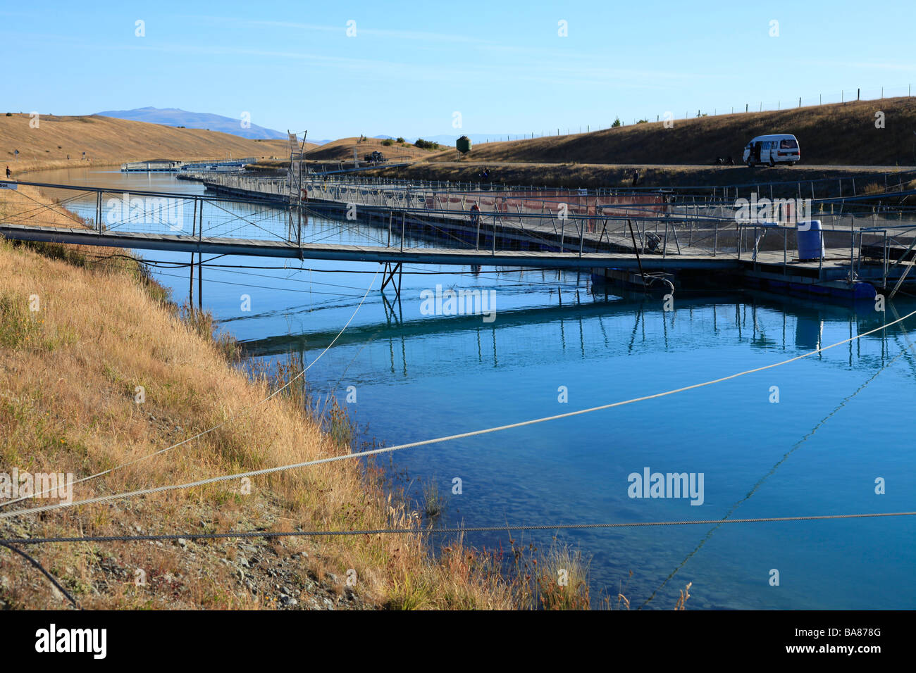 Il salmone di allevamento in acqua dolce canal per generazione di potere,Canterbury,Isola del Sud,Nuova Zelanda Foto Stock