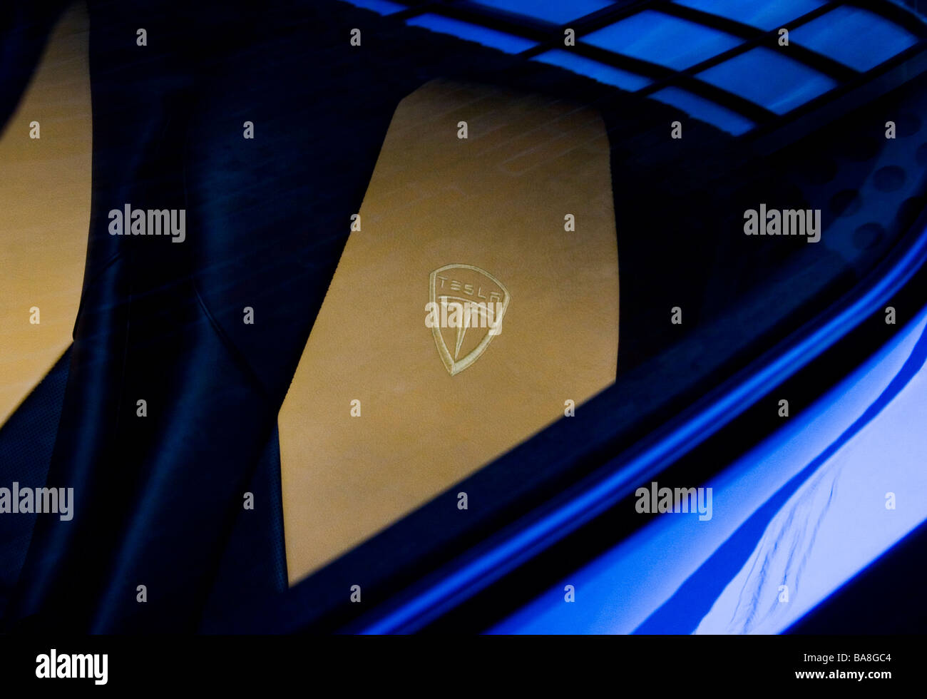 Il cucito logo interno / badge all'interno dell'ecocompatibile vettura sportiva elettrica la Tesla Roadster Foto Stock