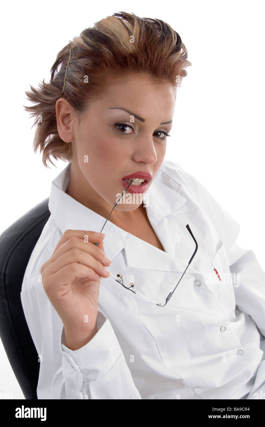 Udienza medico con occhiali Foto Stock