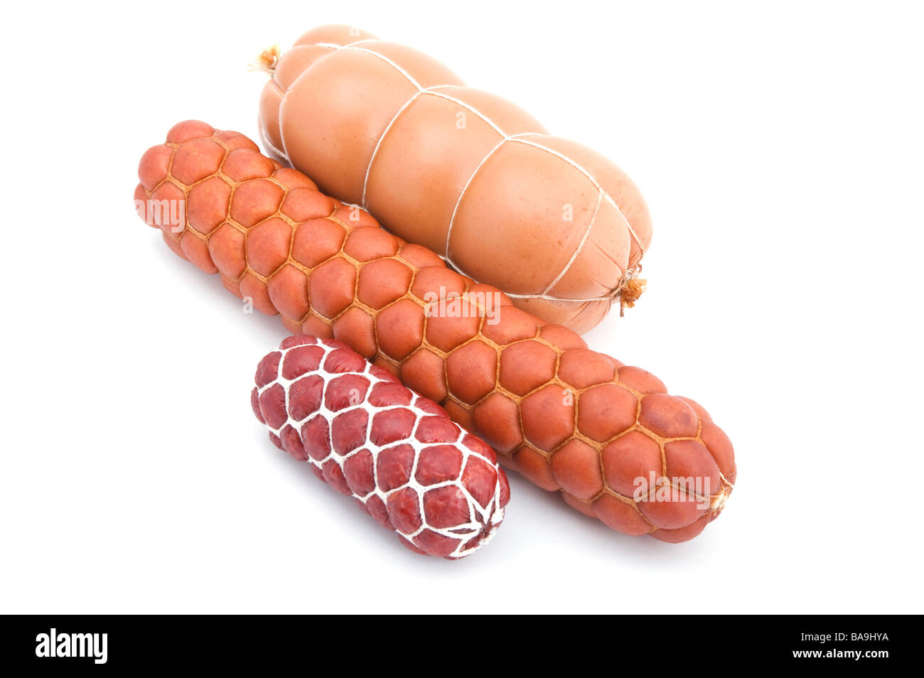 Oggetto su alimento bianco bollito di salsiccia Foto Stock