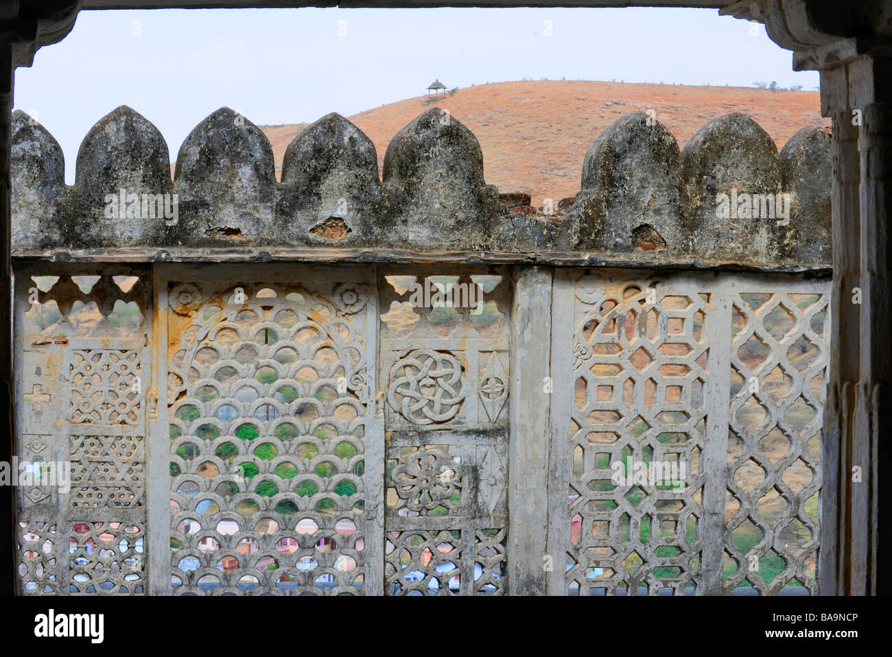 Una schermata di Jali nel palazzo fortificato Juna Mahal Dungarpur Rajasthan in India Foto Stock