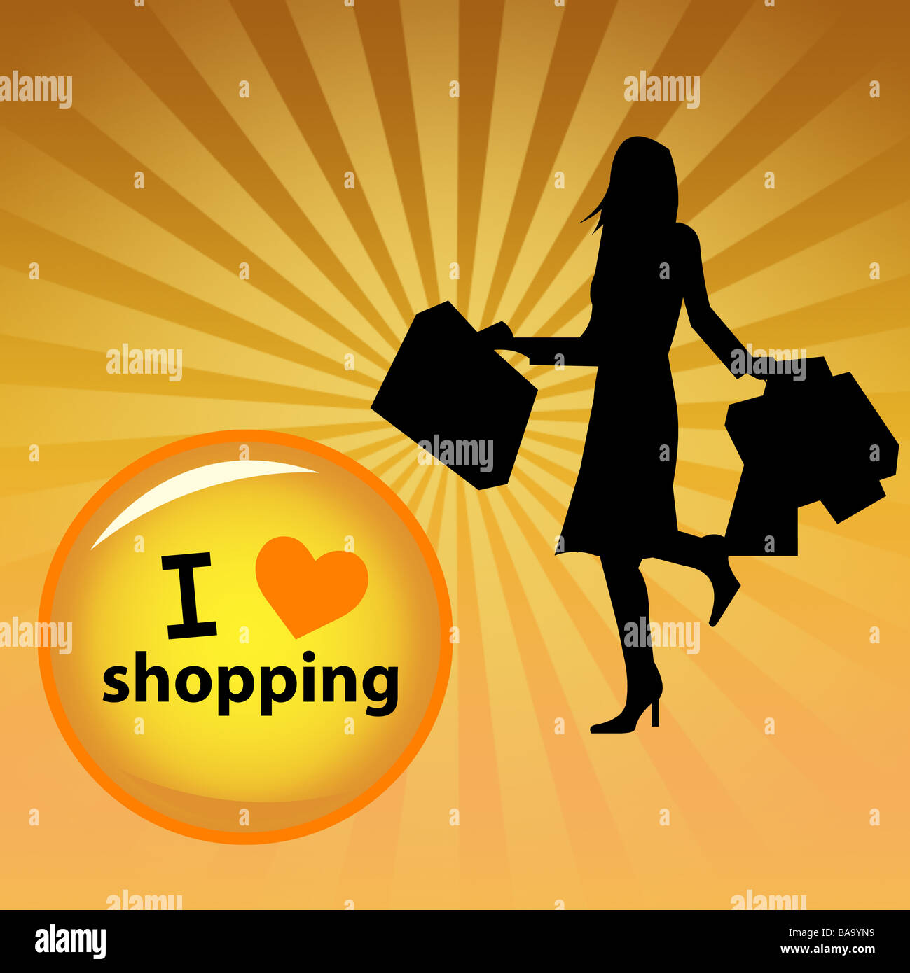 Signora giovane silhouette andando per lo shopping illustrato sui raggi di luce del sole sullo sfondo Foto Stock
