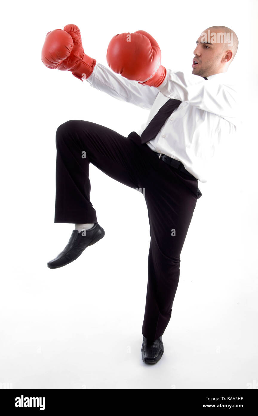 Executive in azione indossando guanti di inscatolamento Foto Stock