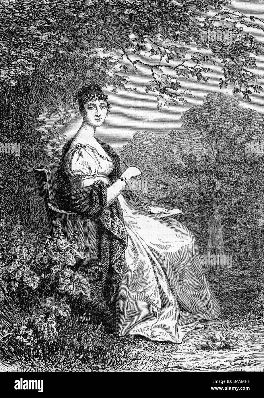 Beauharnais, Hortense de, 10.4.1783 - 5.10.1837, figliastra di Napoleone i di Francia, a tutta lunghezza, seduto in giardino, incisione in legno, 19th secolo, Foto Stock