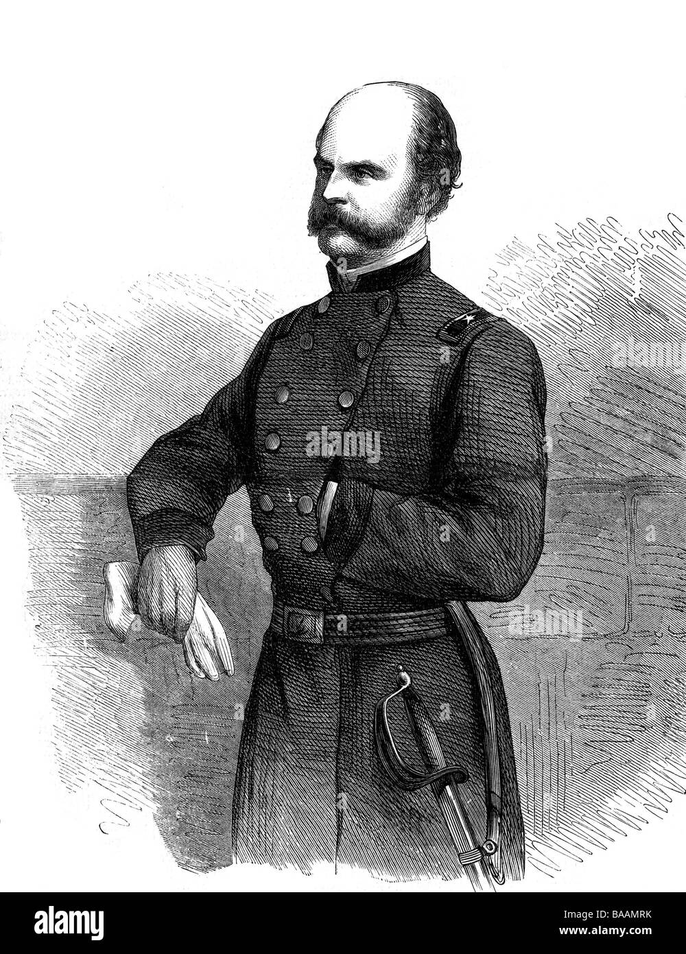 Burnside, Ambrose E., 23.5.1824 - 13.9.1881, generale e politico americano, a metà lunghezza, incisione del legno, 19th secolo, , Foto Stock