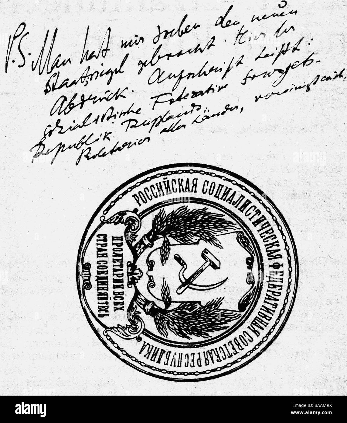 Lenin (Vladimir Ilyich Ulyanov), 22.4.1870 - 21.1.1924, politico russo, calligrafia, postscript in una lettera a Clara Zetkin, con il nuovo sigillo di Stato russo, Foto Stock