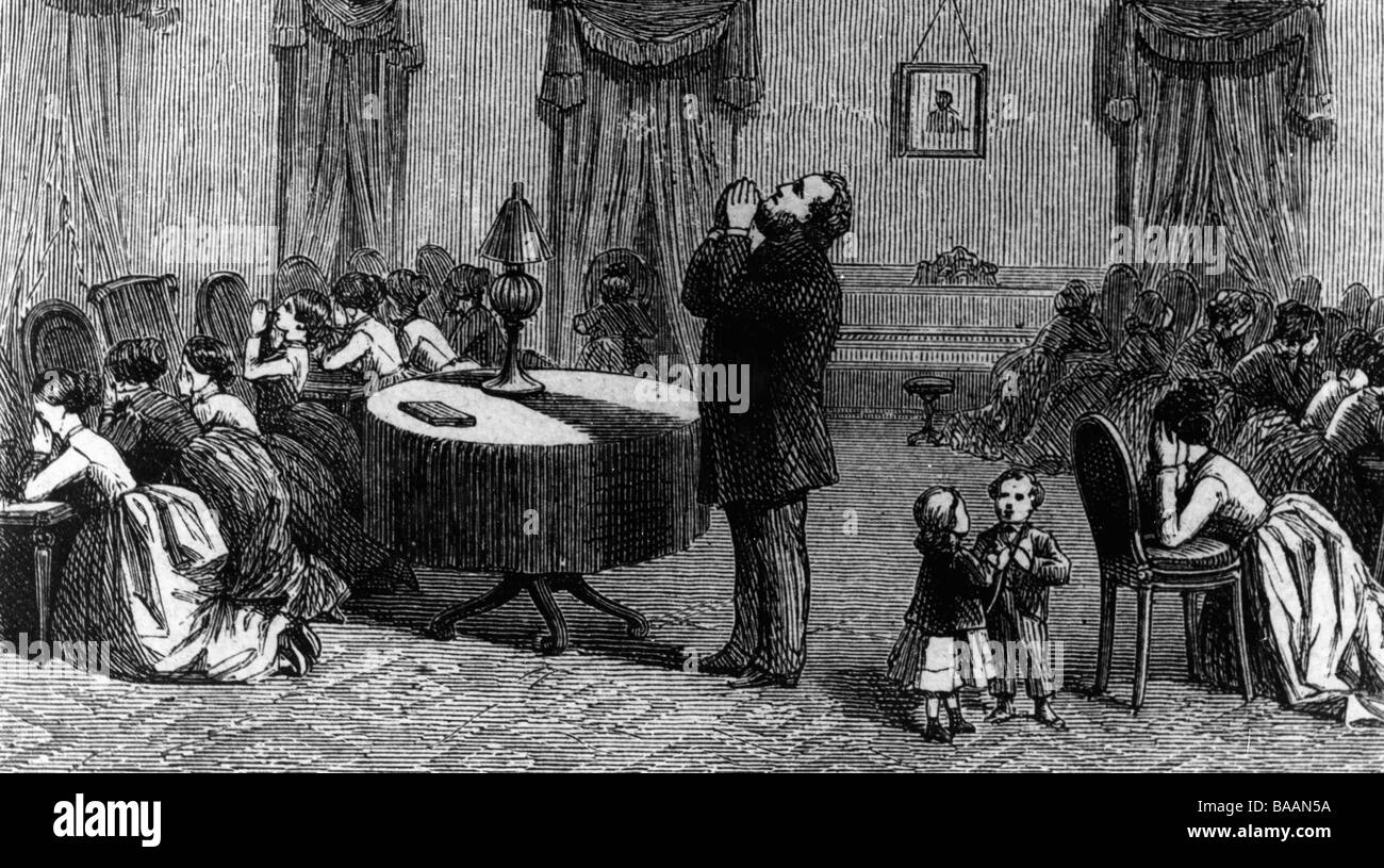 Young, Brigham, 1.6.1801 - 29.8.1877, 2nd Presidente e profeta della Chiesa di Gesù Cristo Di Quest'Ultimo giorno (Mormon), con le sue parrucche durante la preghiera, incisione del legno, 19th secolo, Foto Stock