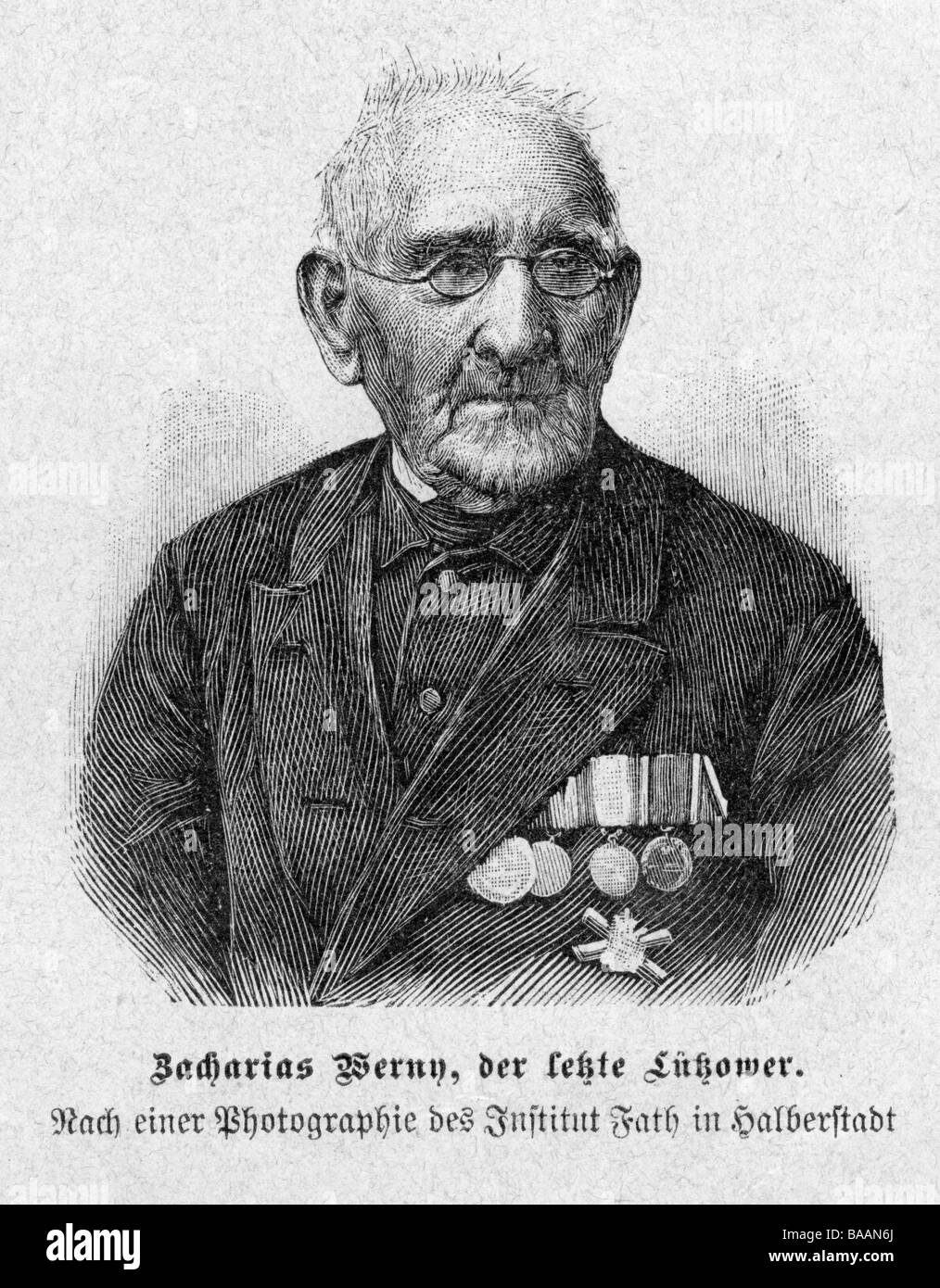 Werny, Zacharias, 12.10.1791 - um 1892, ritratto, 'l'ultimo Luetzower', incisione in legno, 19th secolo, Foto Stock