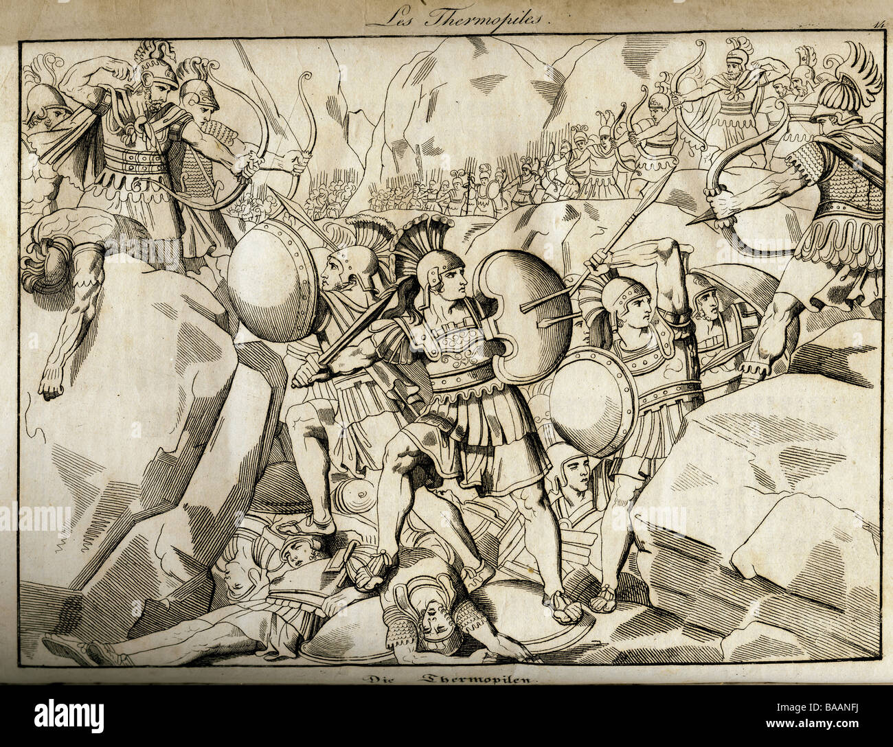 Eventi, Greco-Persian guerre, 499 - 448 BC, 'delle Termopili', 11.8.480 BC, incisione su rame, 'Vorzeit und Gegenwart', Augsburg, 1832, artista del diritto d'autore non deve essere cancellata Foto Stock