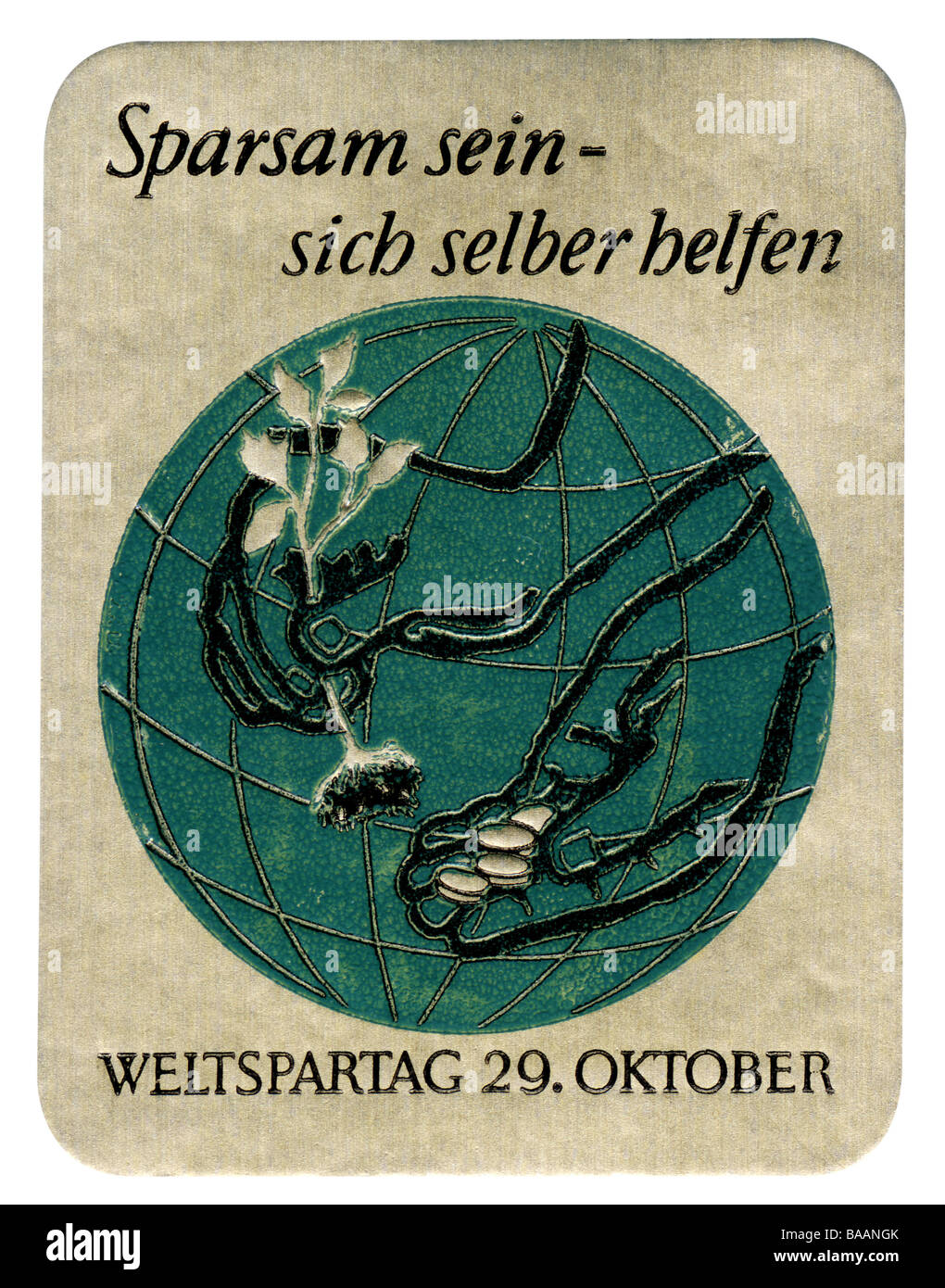 Pubblicità, timbro 'Shersam sein - sich selber helfen', World Savings Day, Germania, 29.10., 1960s, Foto Stock