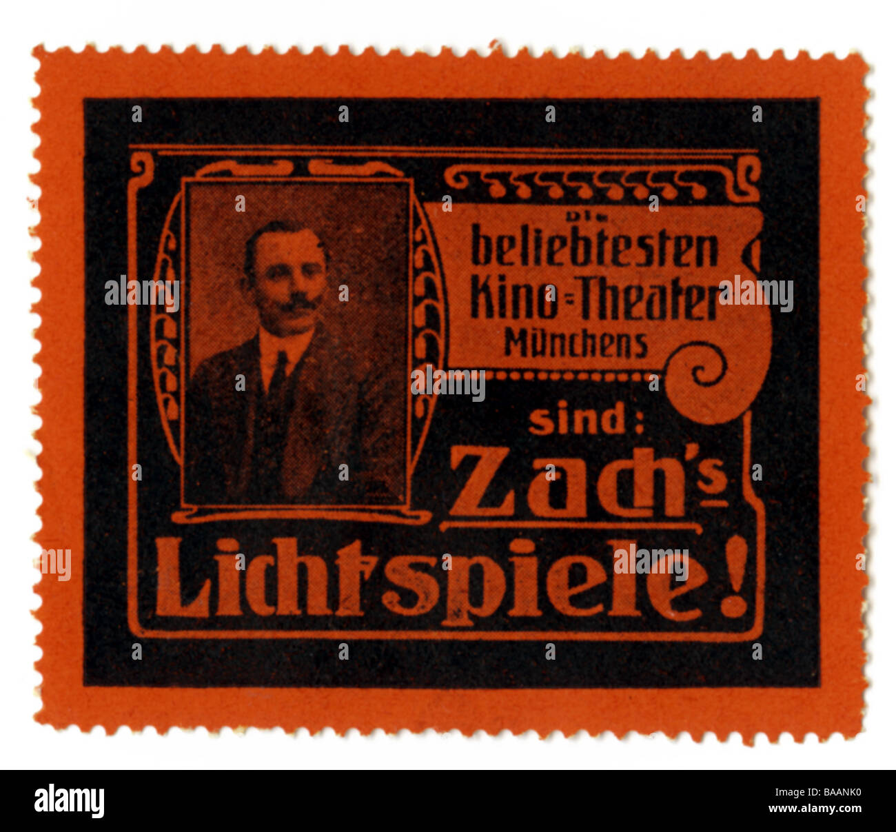 Pubblicità, francobolli, 'die beliebtesten Kino-Theatre Münchens sind Zach's Lichtspiele', Monaco di Baviera, Germania, circa 1910, Foto Stock