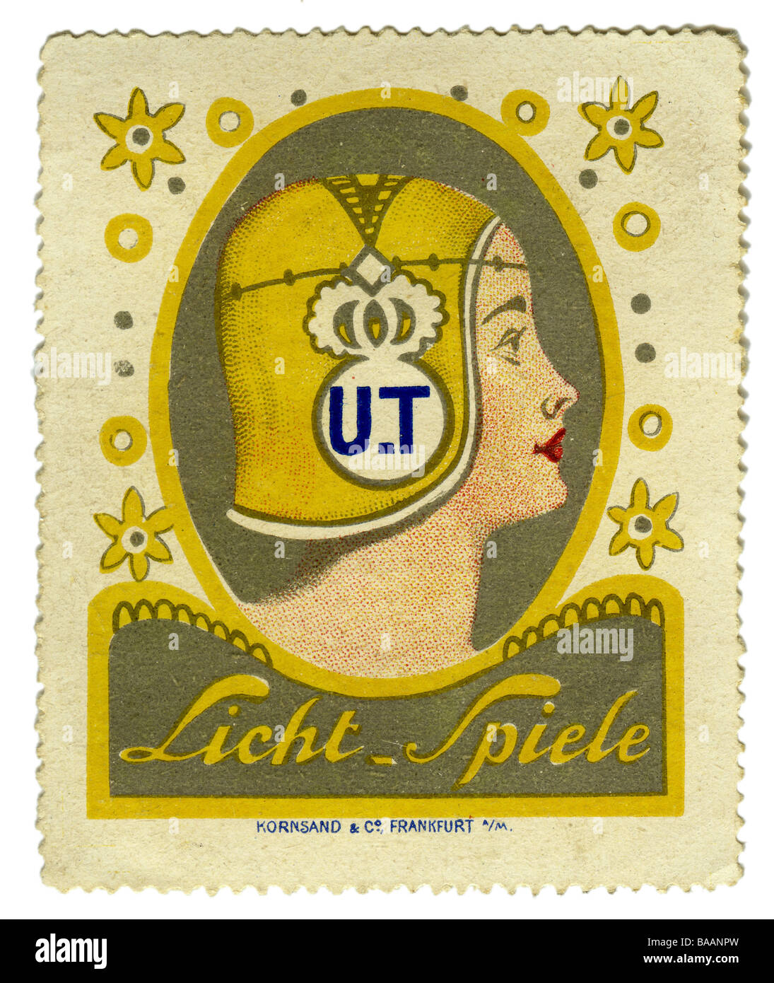 Pubblicità, francobolli, U.T Licht-Spiele, Kornsand & Co, Francoforte sul meno, Germania, circa 1910, Foto Stock
