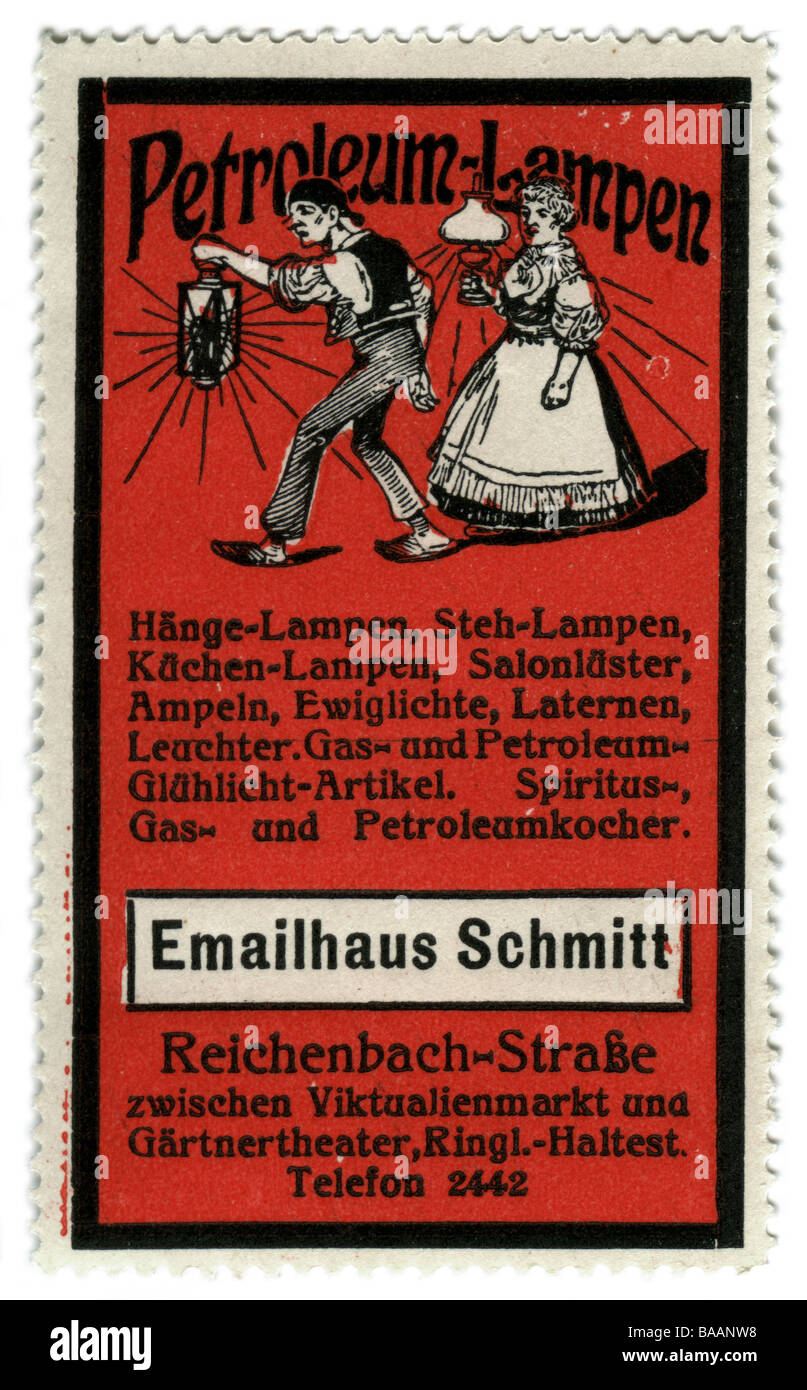 Pubblicità, francobolli, lampade ad olio, Emailhaus Schmitt, Monaco, Germania, circa 1910, Foto Stock