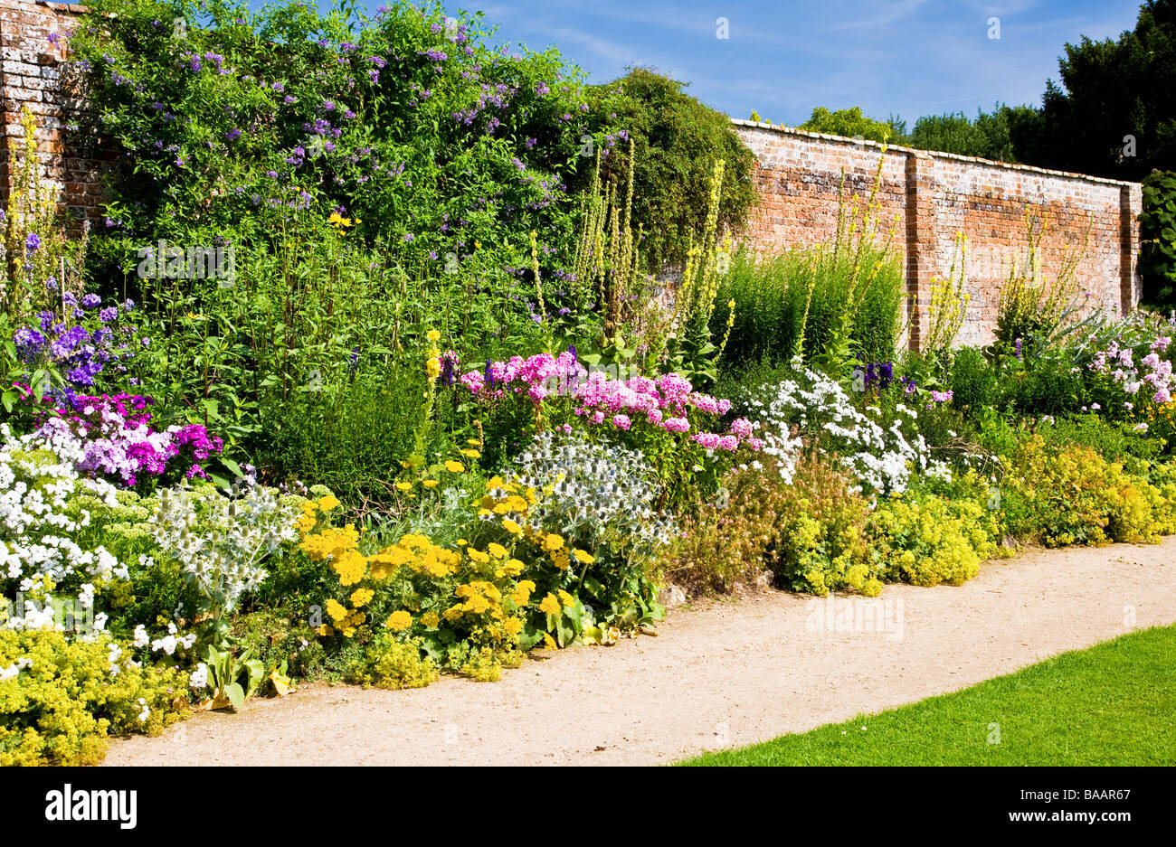 Colorato luglio estate country garden piante erbacee perenni frontiera presso i Giardini Waterperry Wheatley Oxfordshire Oxon England Regno Unito Foto Stock