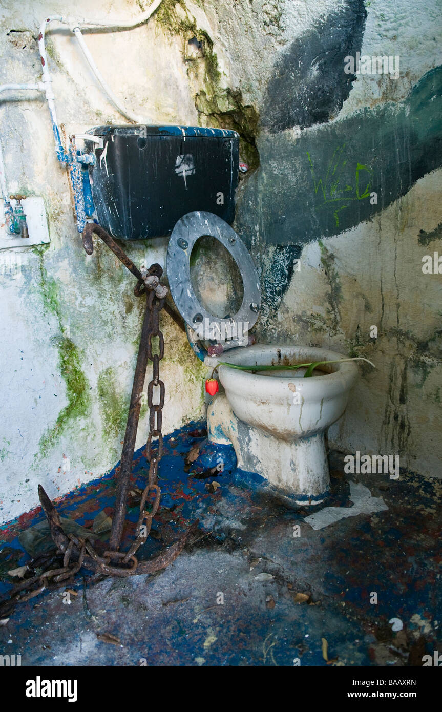 Navi ancora accanto a sporco e disgustoso wc con un tulipano posti sulla parte superiore Foto Stock