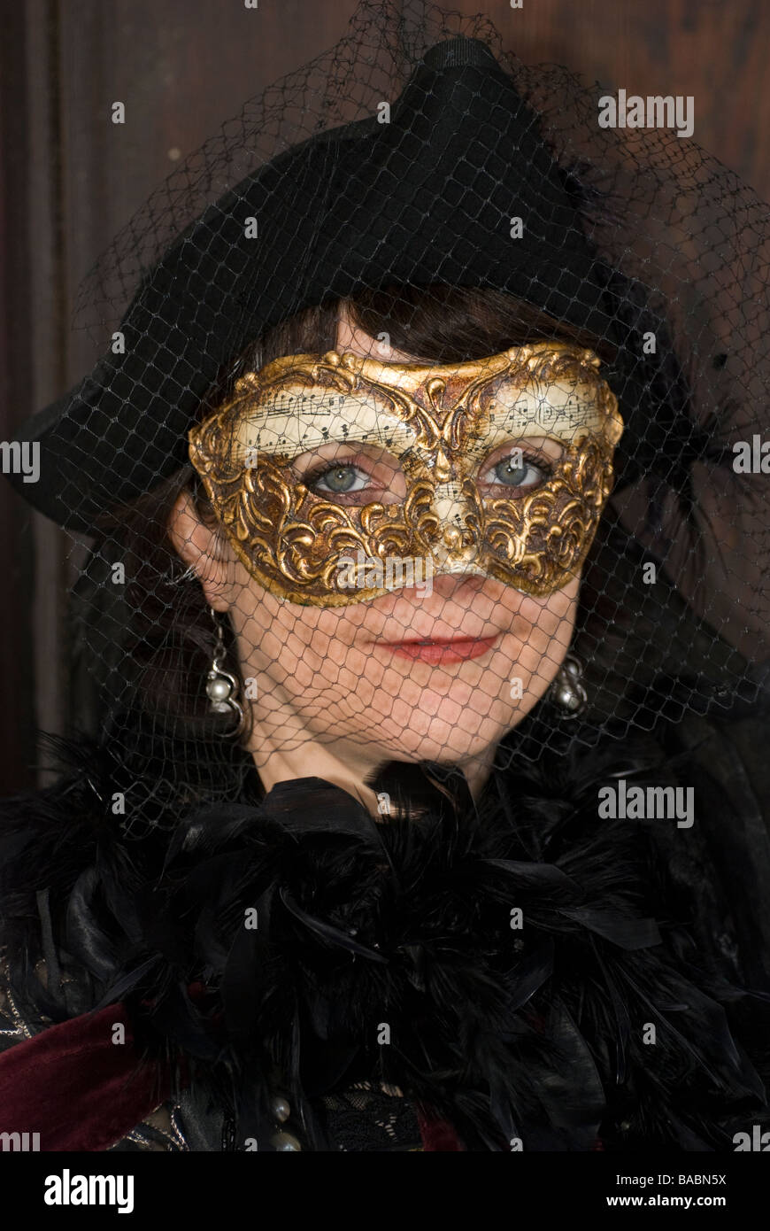 Signora nel carnevale di Venezia camuffare con pennacchi di nero Foto Stock