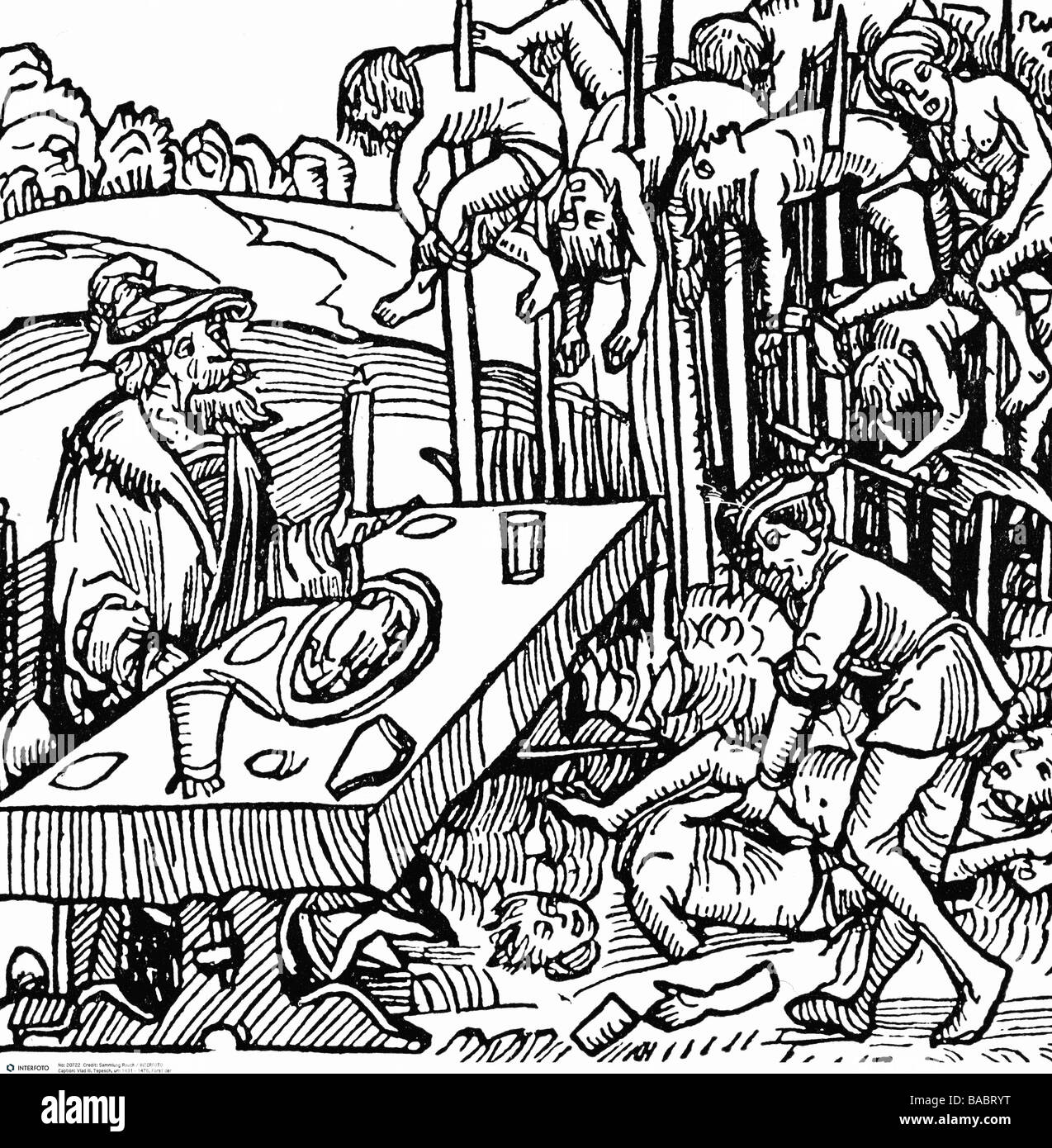 Vlad III l'Impalatore, 7.12.1431 - dicembre 1476, Principe di Wallachia, frequentando esecuzioni mentre mangiava, legno tagliato tedesco, 15th secolo, Foto Stock