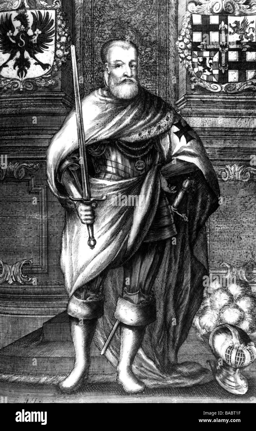 Albrecht, 17.5.1490 - 20.3.1568, Grand Masters di cavalieri teutonici 1511 - 1525, duca di Prussia 1525 - 1568, a piena lunghezza e incisione su rame di "storia Prussiana' da Christoph Hartkuock, 1684, artista del diritto d'autore non deve essere cancellata Foto Stock
