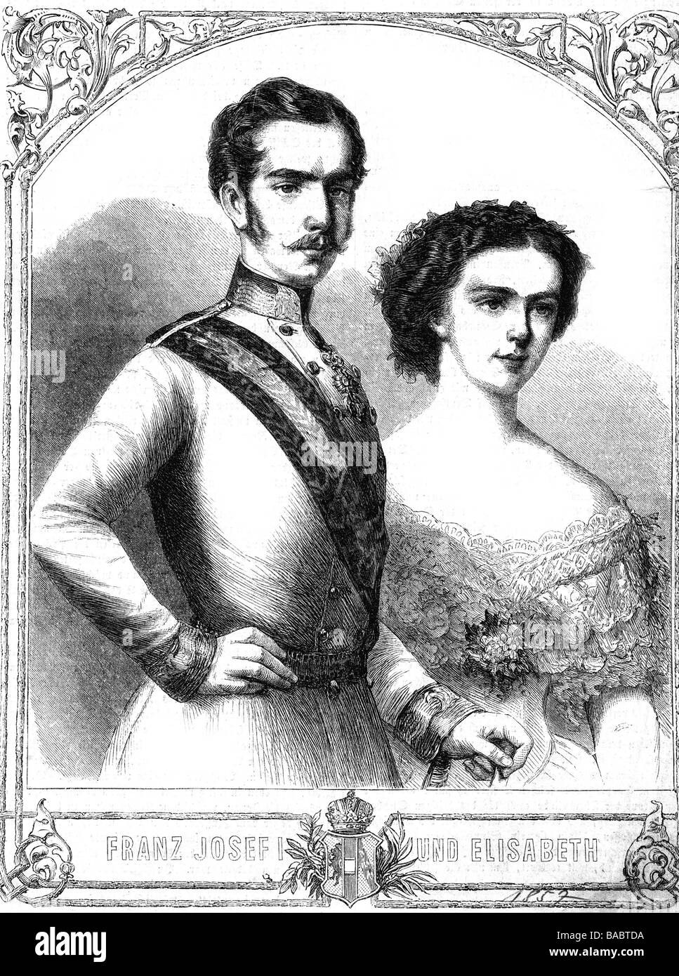Franz Joseph i, 18.8.1830 - 21.11.1916, Imperatore d'Austria 2.12.1848 - 21.11.1916, con sua moglie, imperatrice Consort Elisabeth, incisione in legno, 1857, Foto Stock