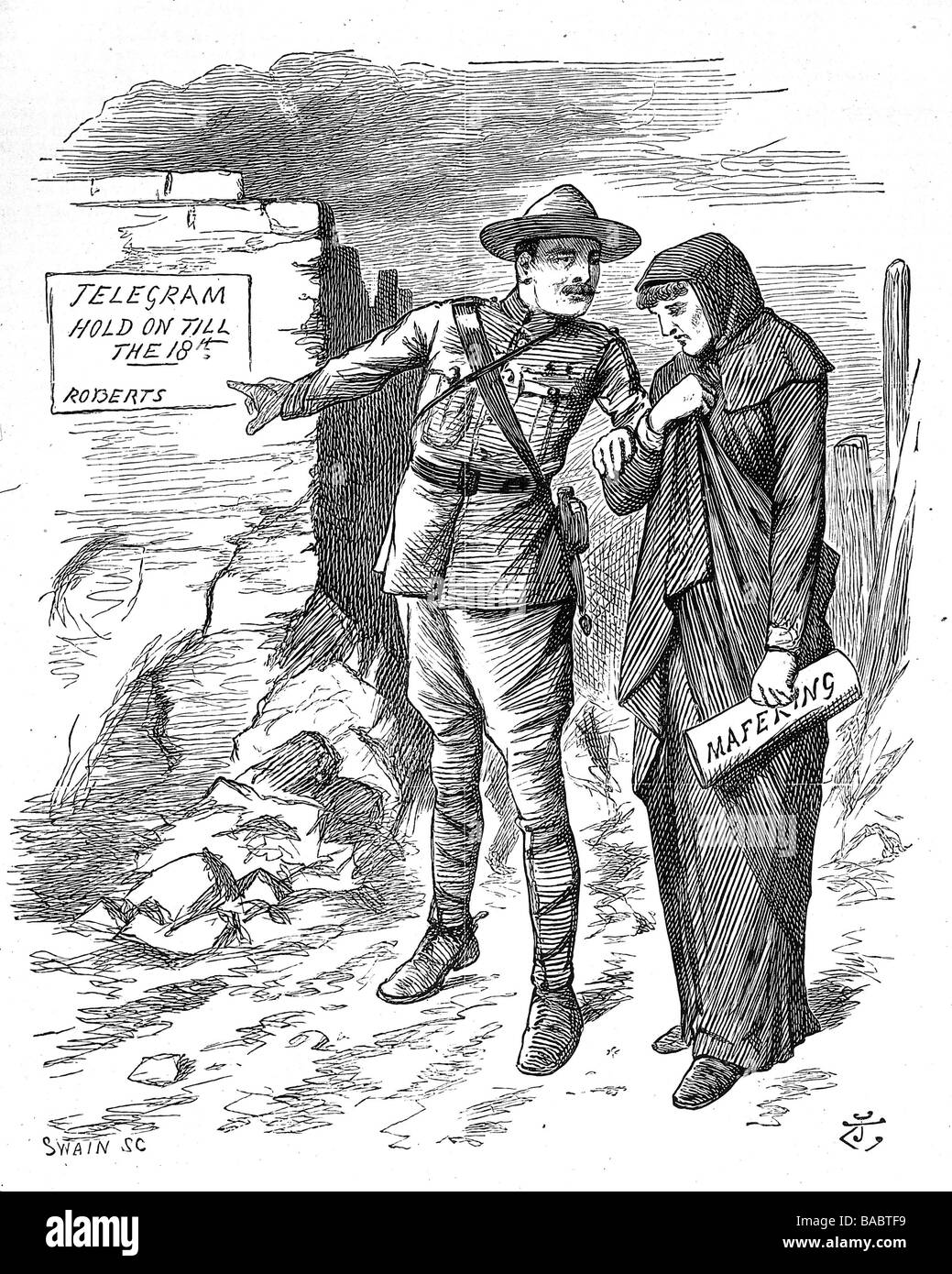 Baden-Powell, Robert, 22.2.1857 - 8.1.1941, generale britannico, caricatura, assedio di Mafeking, disegno, 'Punch', 9.5.1900, , Foto Stock