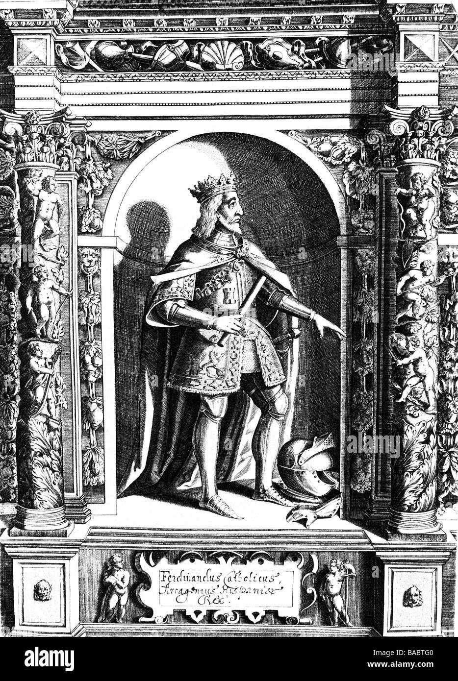 Ferdinando II, 10.3.1452 - 23.1.1516, Re di Aragona, a lunghezza piena, statua, incisione su rame, artista del diritto d'autore non deve essere cancellata Foto Stock