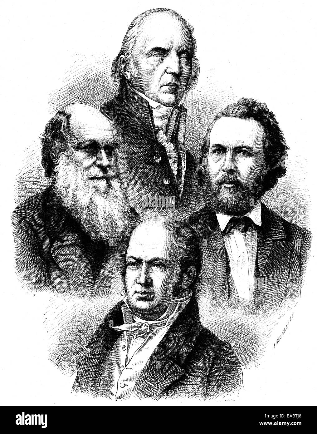 Scienza, biologia, rappresentanti primari del 'darwinism': Charles Darwin (1809 - 1882), Jean Baptiste de Lamarck (1744 - 1829), Etienne Geoffroy Saint Hilaire (1742 - 1844), Ernst Haeckel (1834 - 1919), incisione del legno di Adolf Neumann (1825 - 1884), circa 1880, Foto Stock