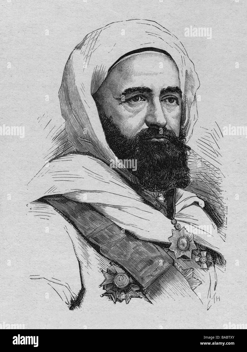 Abd al Qadir, 6.9.1808 - 26.5.1883, combattente per la libertà algerina, ritratto, incisione in legno, 19th secolo, , Foto Stock