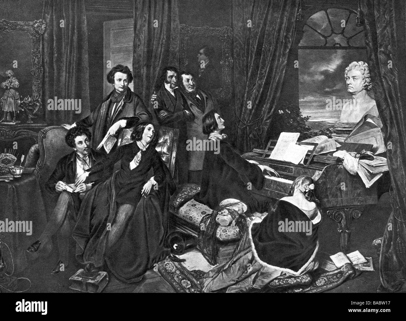Liszt, Franz, 22.10.1811 - 31.7.1886, compositore ungherese, a mezza lunghezza, dipinto 'Liszt am Klavier' (Liszt al pianoforte) di Josef Danhauser, 1840, Foto Stock