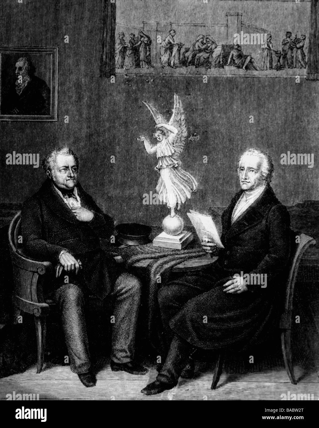 Charles Augustus, 3.9.1757 - 14.6.1828, il Gran Duca di Sassonia-Weimar-Eisenach 1815 - 1828, mezza lunghezza, con Johann Wolfgang von Goethe in Goethe in casa Weimar, dopo incisione su rame da Schwerdgeburth, 1782, artista del diritto d'autore non deve essere cancellata Foto Stock