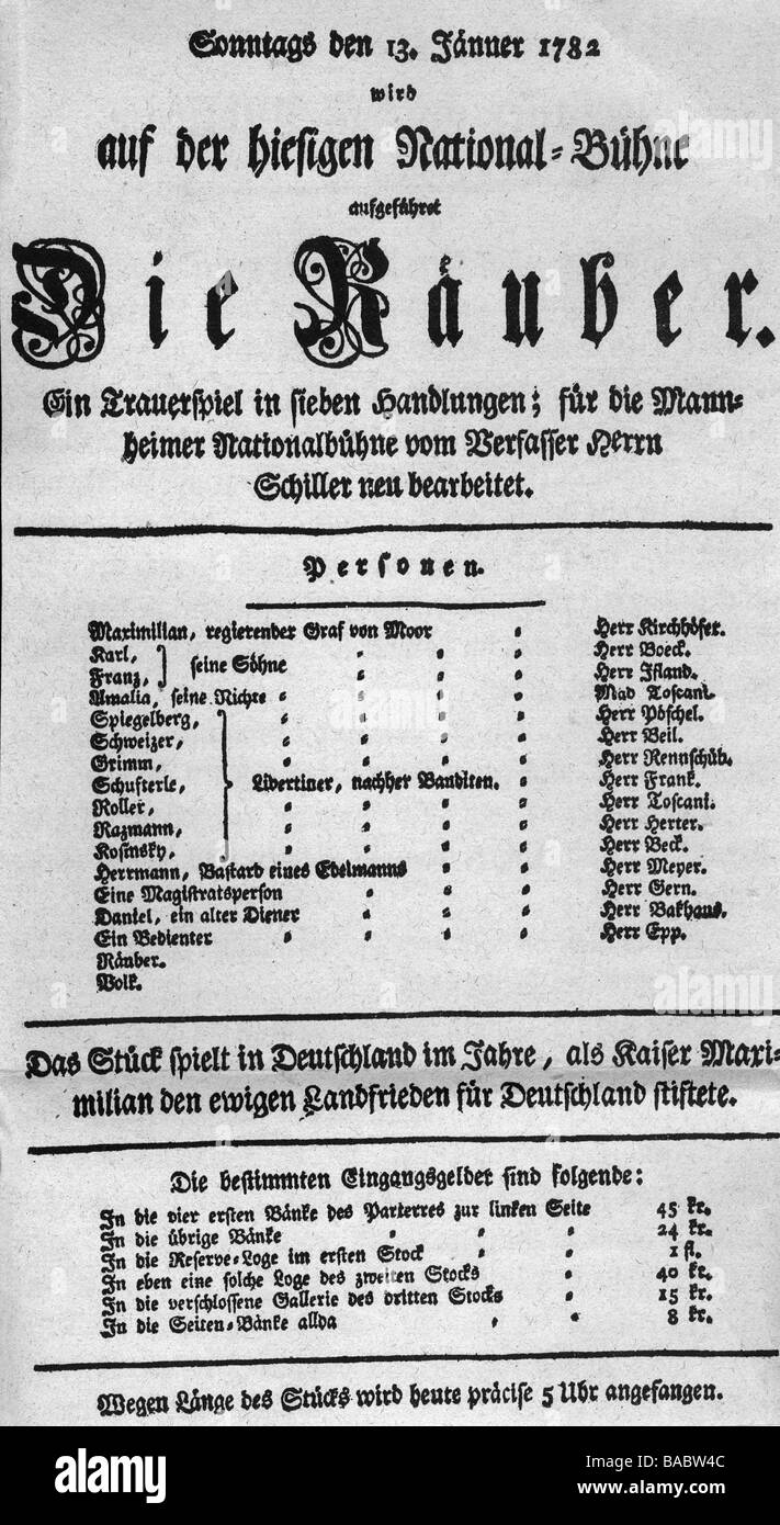 Schiller, Friedrich, 10.11.1759 - 9.5.1805, autore/scrittore tedesco, il suo lavoro, 'The Robbers', 1781, teatro nota alla prima in Teatro Nazionale, Mannheim, Germania, 13.1.1782, Foto Stock