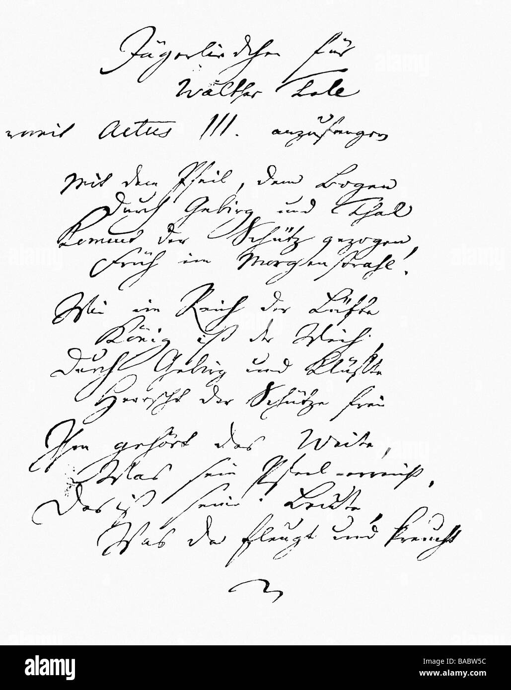 Schiller, Friedrich, 10.11.1759 - 9.5.1805, autore/scrittore tedesco, il suo lavoro, poesia: 'Huntsman song for Walther Tell', dal gioco di ruolo 'William Tell', 1803, Foto Stock