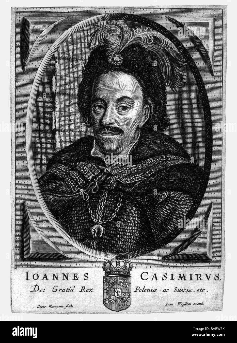 Giovanni II Casimiro, 21.3.1609 - 16.12.1672, Re di Polonia 20.11.1648 - 16.9.1668, ritratto, ovale, con stemma, incisione su rame di Johann Meyssen, dopo Conrad Waumans, secolo XVII, artista del diritto d'autore non deve essere cancellata Foto Stock