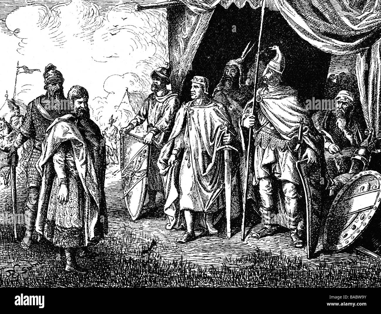 Pepin III 'The Short', 714 - 24.9.768, Re dei Franchi 751 - 768, Sergius Before Pepin, incisione di legno, 19th secolo, , Foto Stock