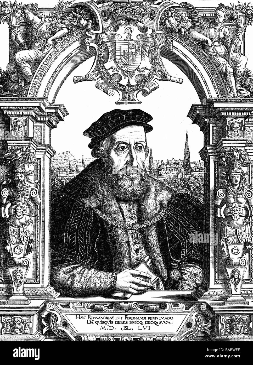 Ferdinando I, 10.3.1503 - 25.7.1564, Sacro Romano Imperatore 24.3.1556 - 25.7.1564, mezza lunghezza, telaio, incisione su rame di Hans Sebald Lautensack, 1556, artista del diritto d'autore non deve essere cancellata Foto Stock