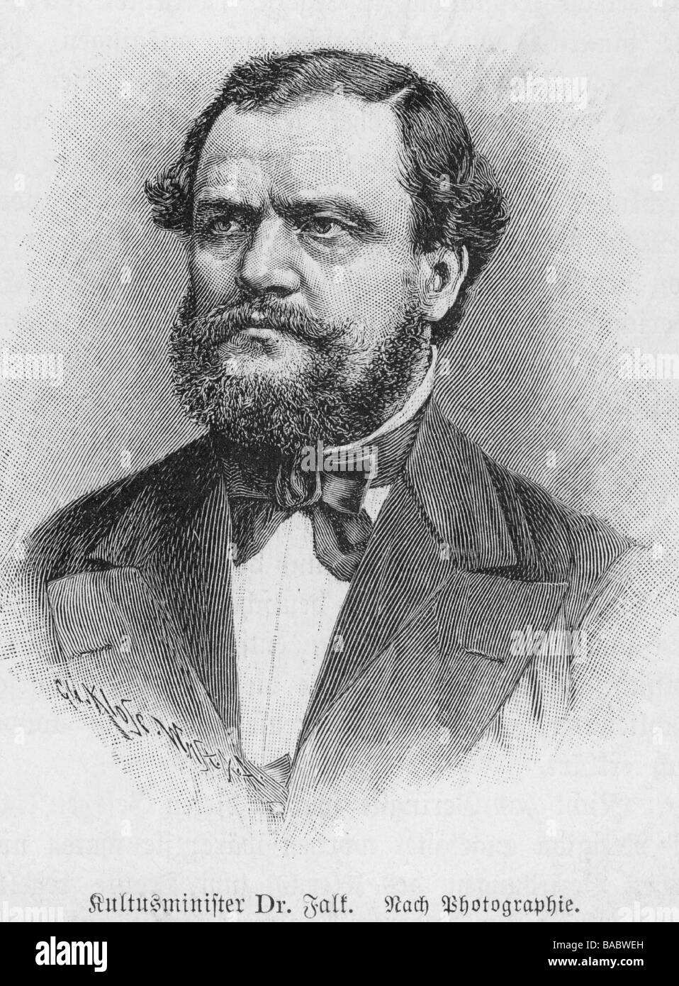 Falk, Adalbert, 10.8.1827 - 7.7.1900, giurista e politico tedesco, ministro prussiano della Cultura 1872 - 1879, ritratto, incisione in legno, circa 1875, Foto Stock