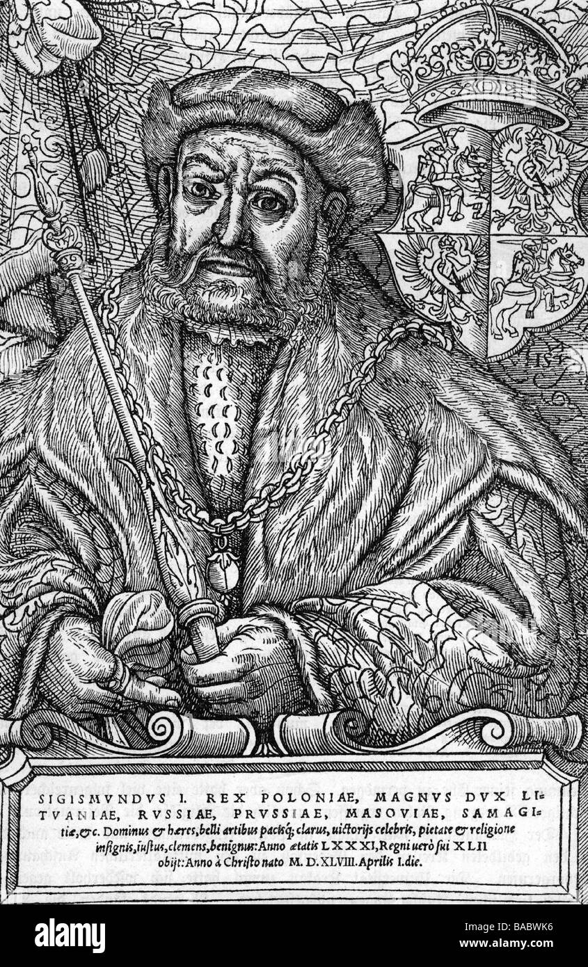 Sigismund i 'The Old', 1466 - 1.4.1548, Re di Polonia 24.1.1507 - 1.4.1544, a mezza lunghezza, in legno di H. Saumann, 1550/1555, , Foto Stock