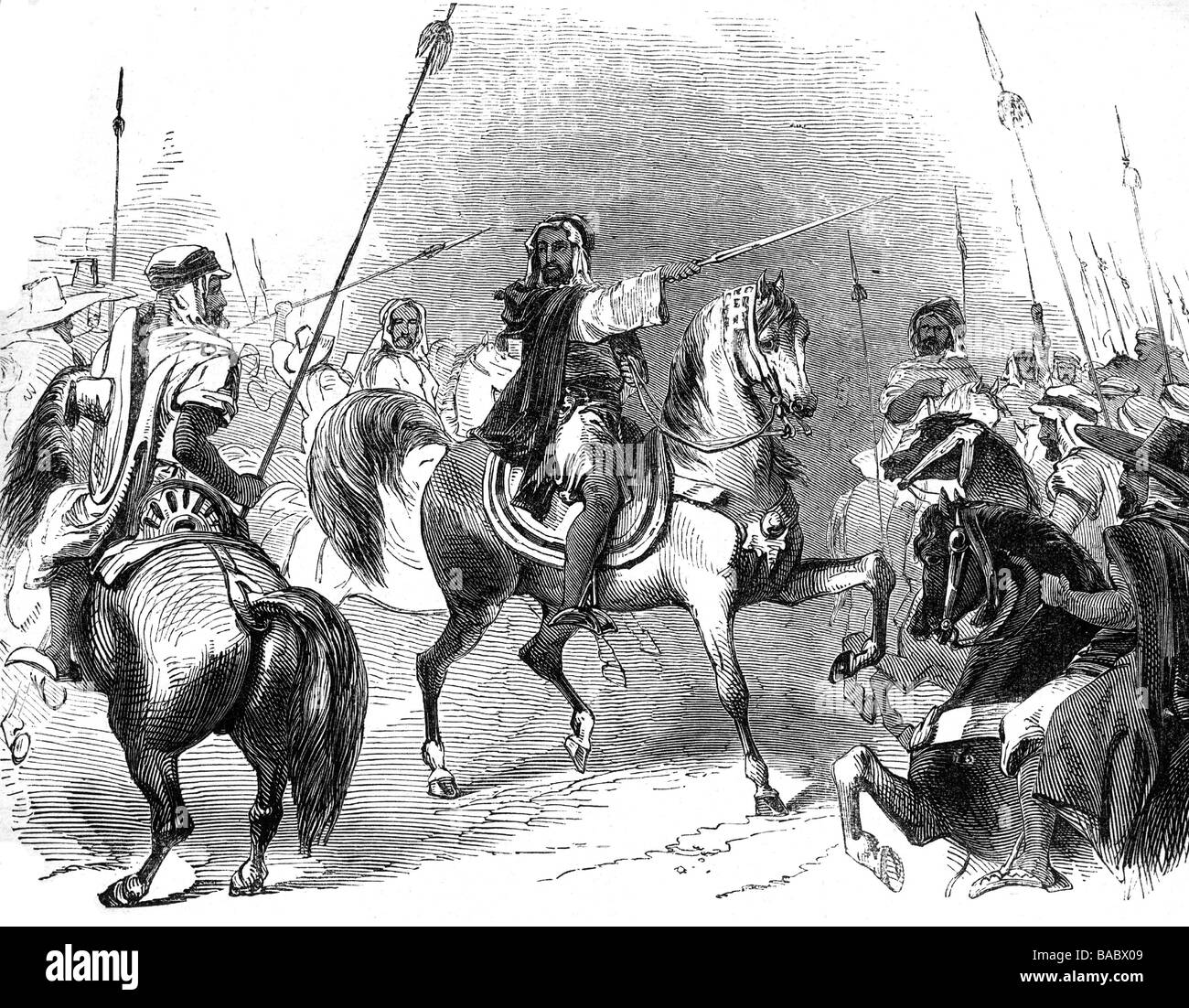 Abd al Qadir, 6.9.1808 - 26.5.1883, combattente per la libertà algerina, a tutta lunghezza, con la sua retinua, incisione in legno, 1845, Foto Stock