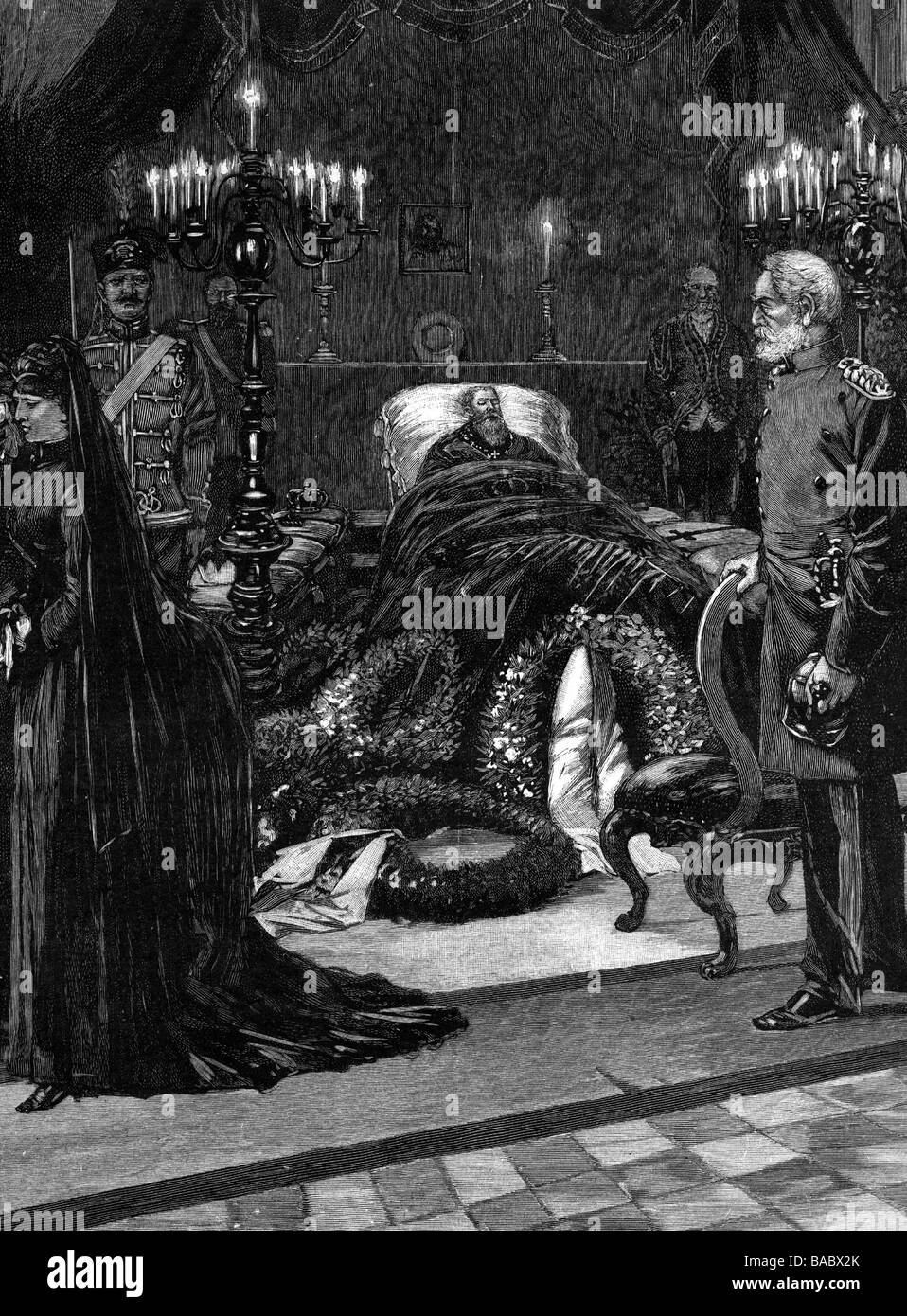 Federico III, 18.10.1831 - 15.6.1888, imperatore tedesco 9.3.1888 - 15.6.1888, morte, disposto nella Galeria di Jasper, Castello Friedrichskron, incisione in legno, dopo disegno di F. Wittig, Foto Stock