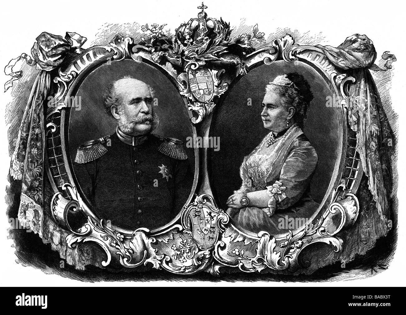 Friedrich Wilhelm, 17.10.1819 - 30.5.1904, Granduca di Mecklenburg-Strelitz dal 6.9.1860, con moglie Auguste, incisione in legno dopo le foto di H. Krull, fine 19th secolo, Foto Stock