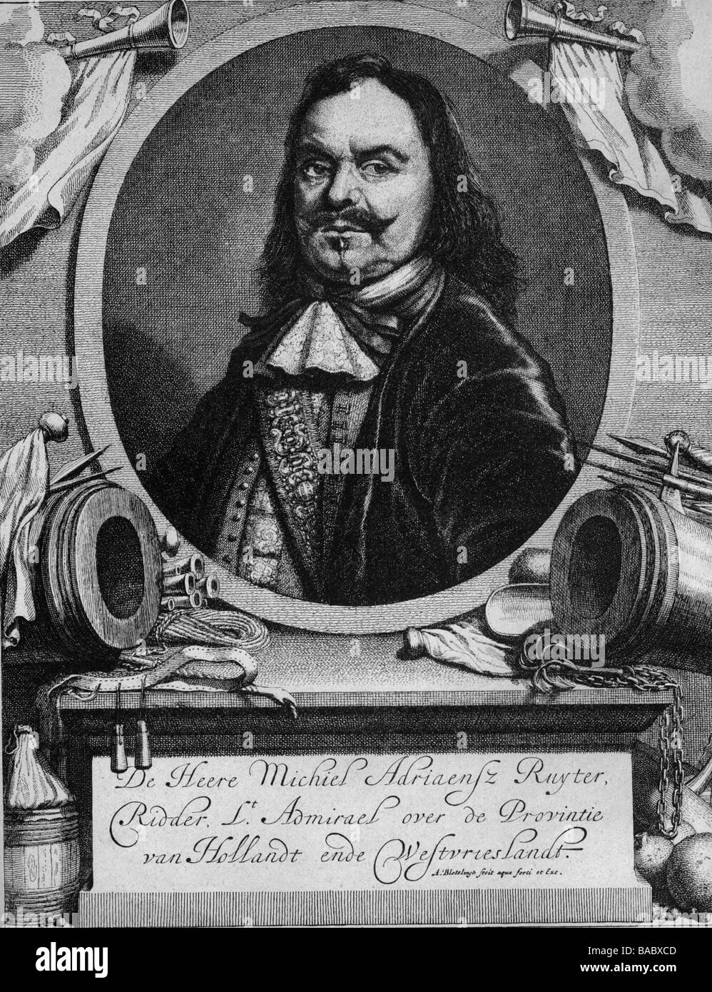 Ruyter, Michiel de, 24.3.1607 - 29.4.1676, l'ammiraglio olandese, a mezza lunghezza e incisione su rame di A. Bloteling, secolo XVII, , artista del diritto d'autore non deve essere cancellata Foto Stock