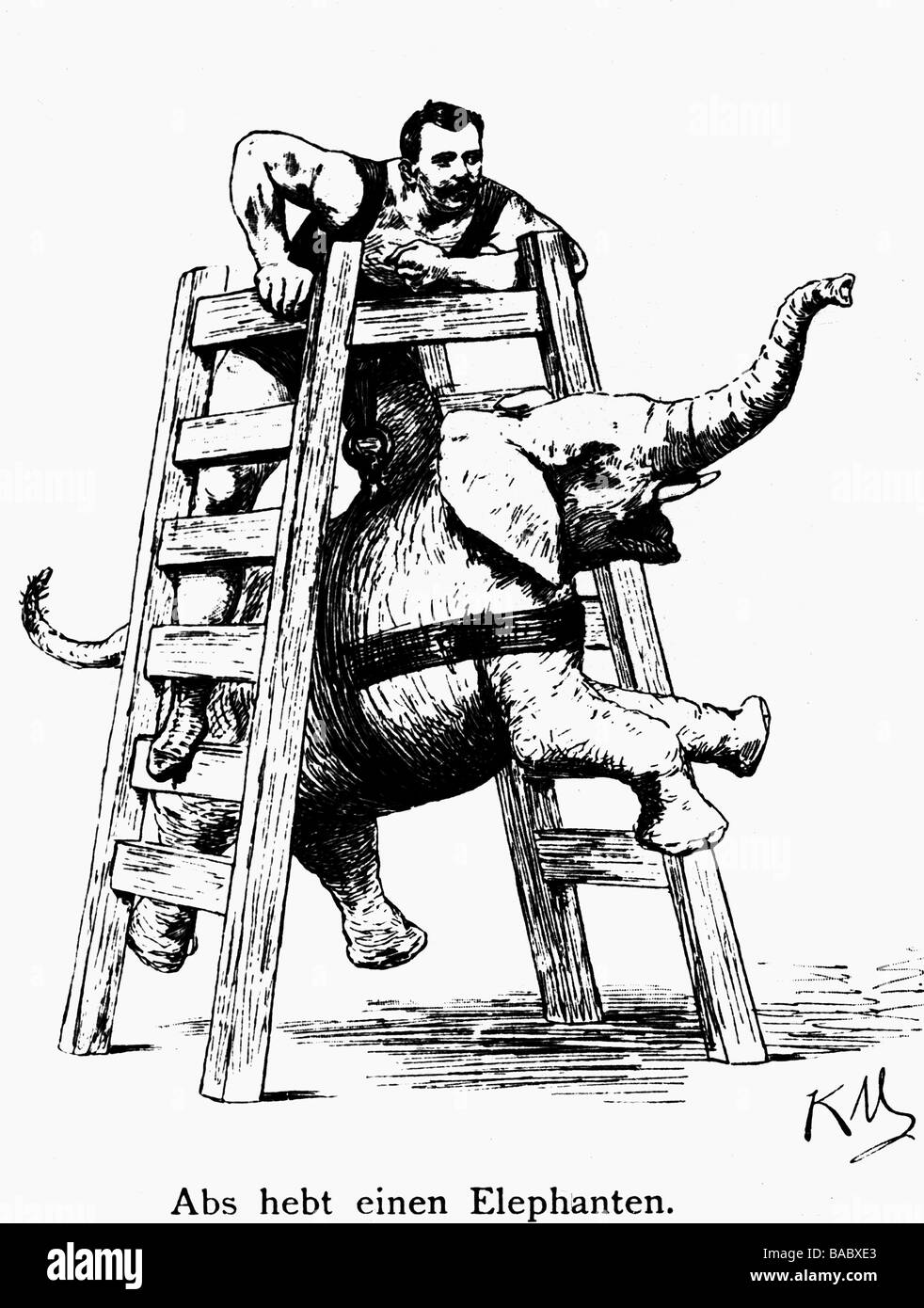 ABS, Carl, 17.9.1851 - 13.2.1895, atleta tedesco, noto come 'quercia tedesca', elefante lifting, incisione in legno, 19th secolo, Foto Stock